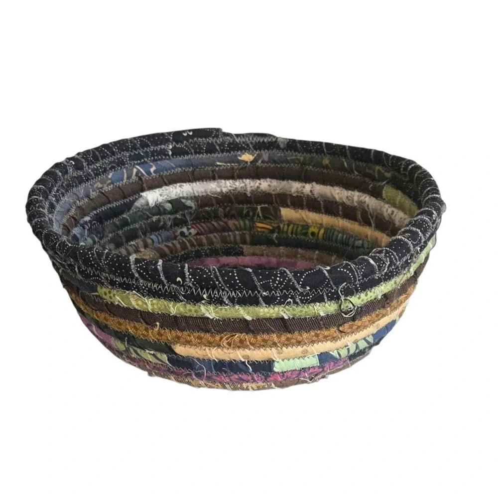 Rag Rug Coiled Rope Fabric Basket Clothesline Bowl Boho Hippie Grandmacore